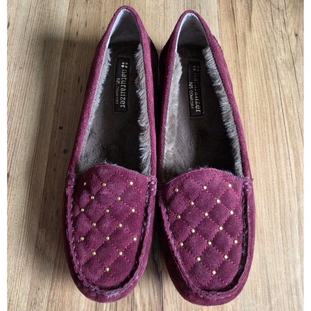 Naturalizer N5 Comfort Fur Lined Moccasin Loafers Size 9W Wide Wine Quilted NEW